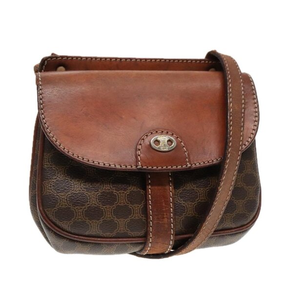 CELINE Macadam Canvas Shoulder Bag PVC Leather Brown Gold Auth 88287 - Picture 1 of 16